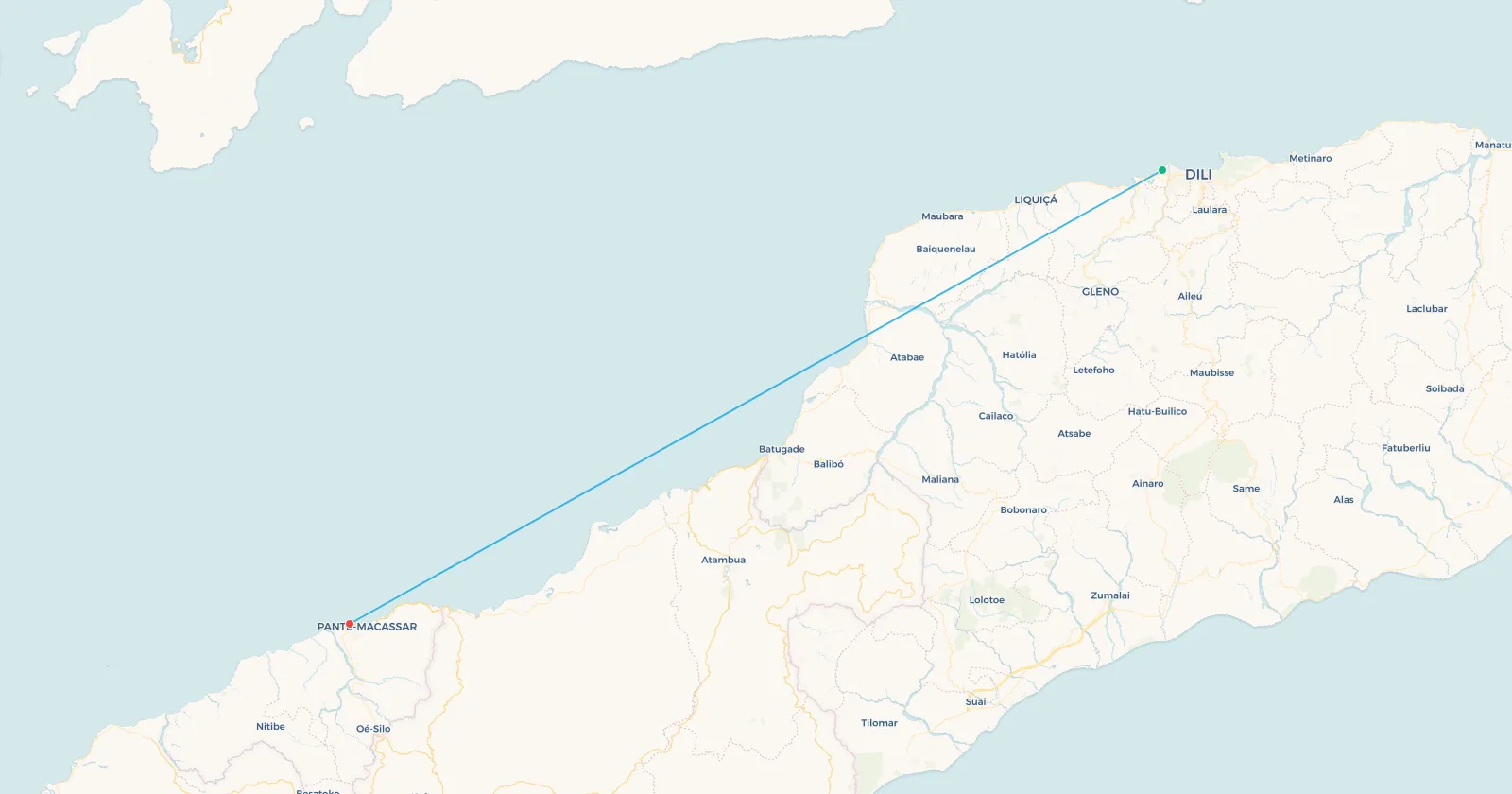 Map of the Dili to Oecusse flight route across Indonesian West Timor