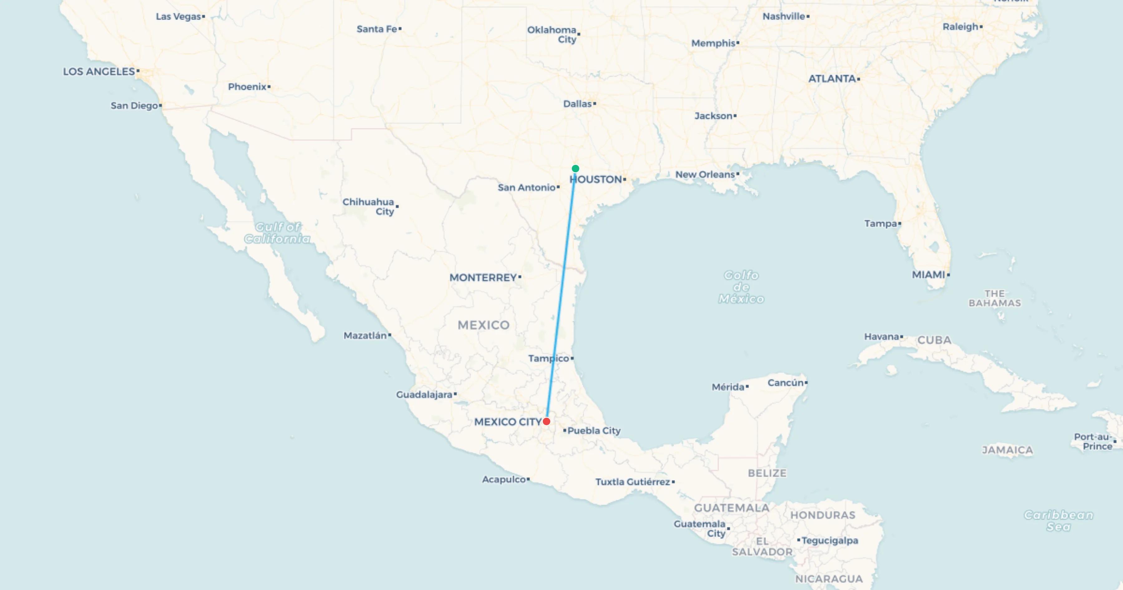 Mapa del tramo Austin a Ciudad de México
