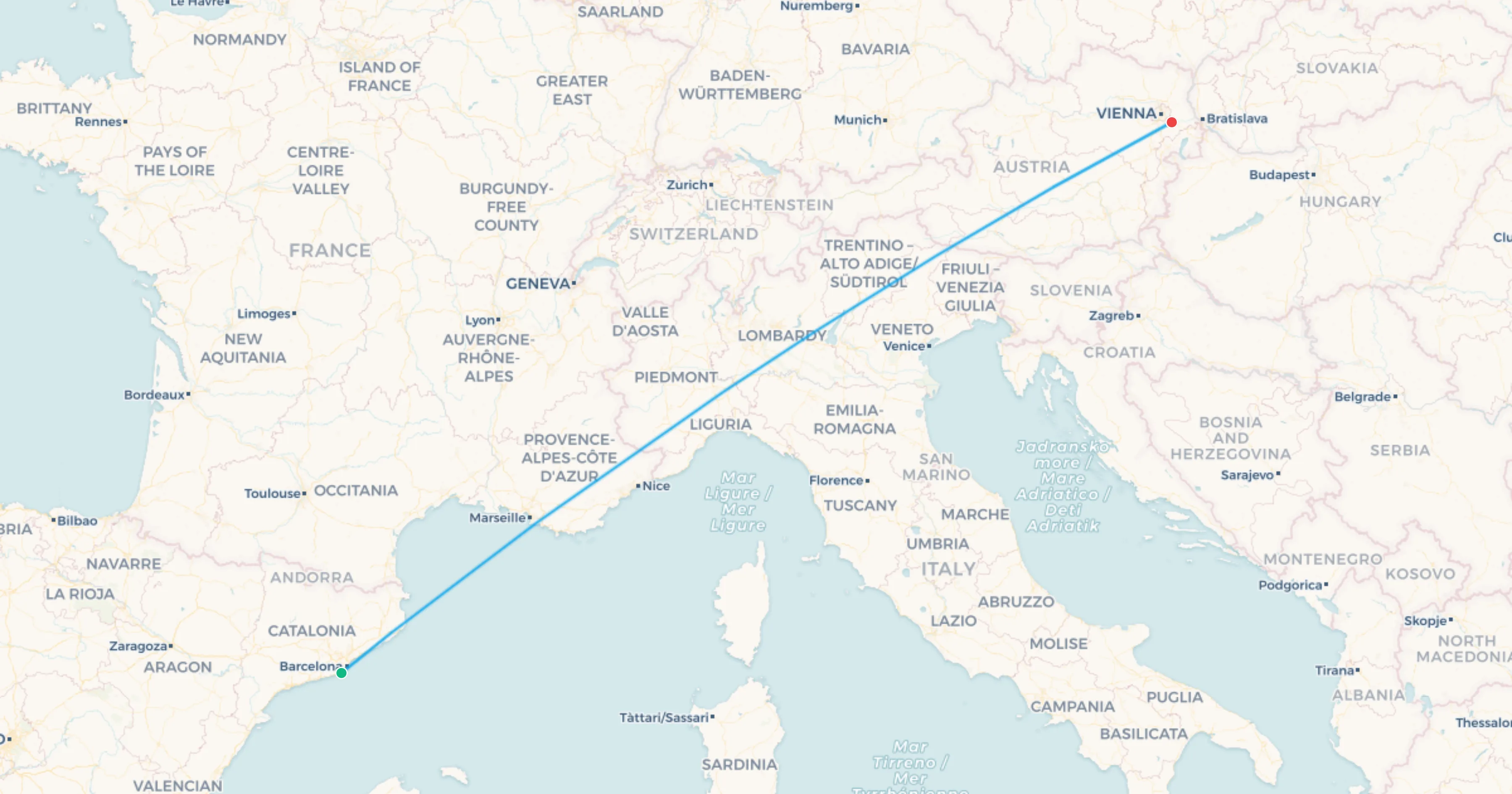 Mapa del tramo Barcelona a Spielberg