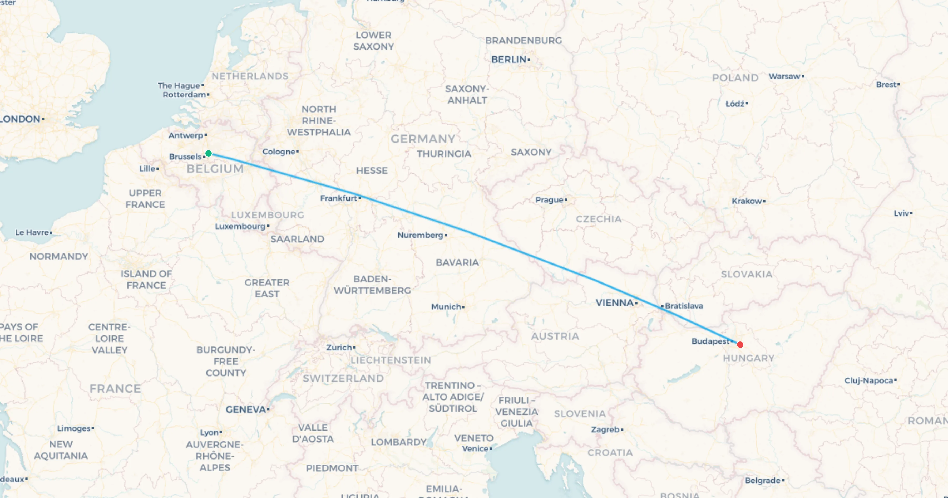 Mapa del tramo Spa a Budapest