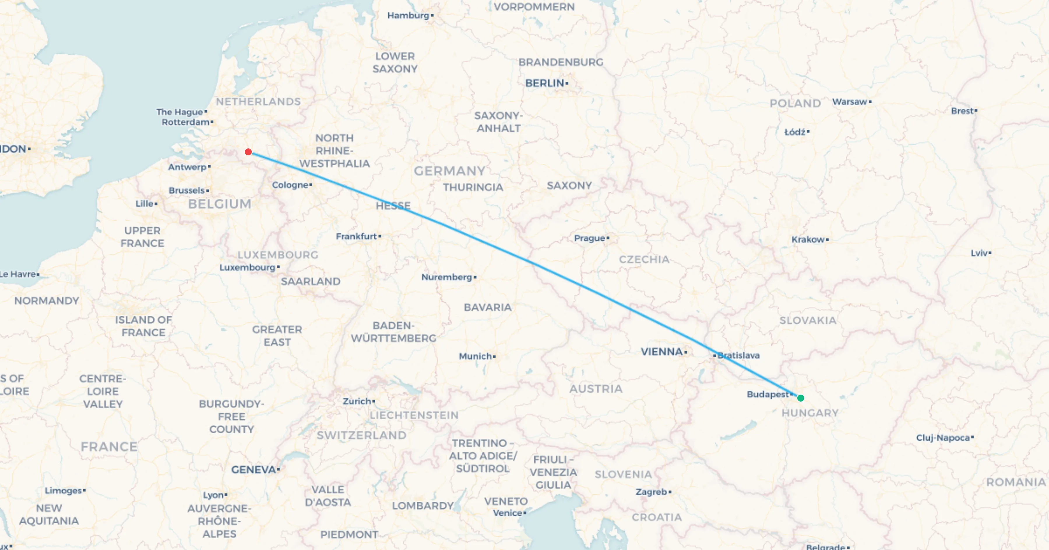 Mapa del tramo Budapest a Zandvoort