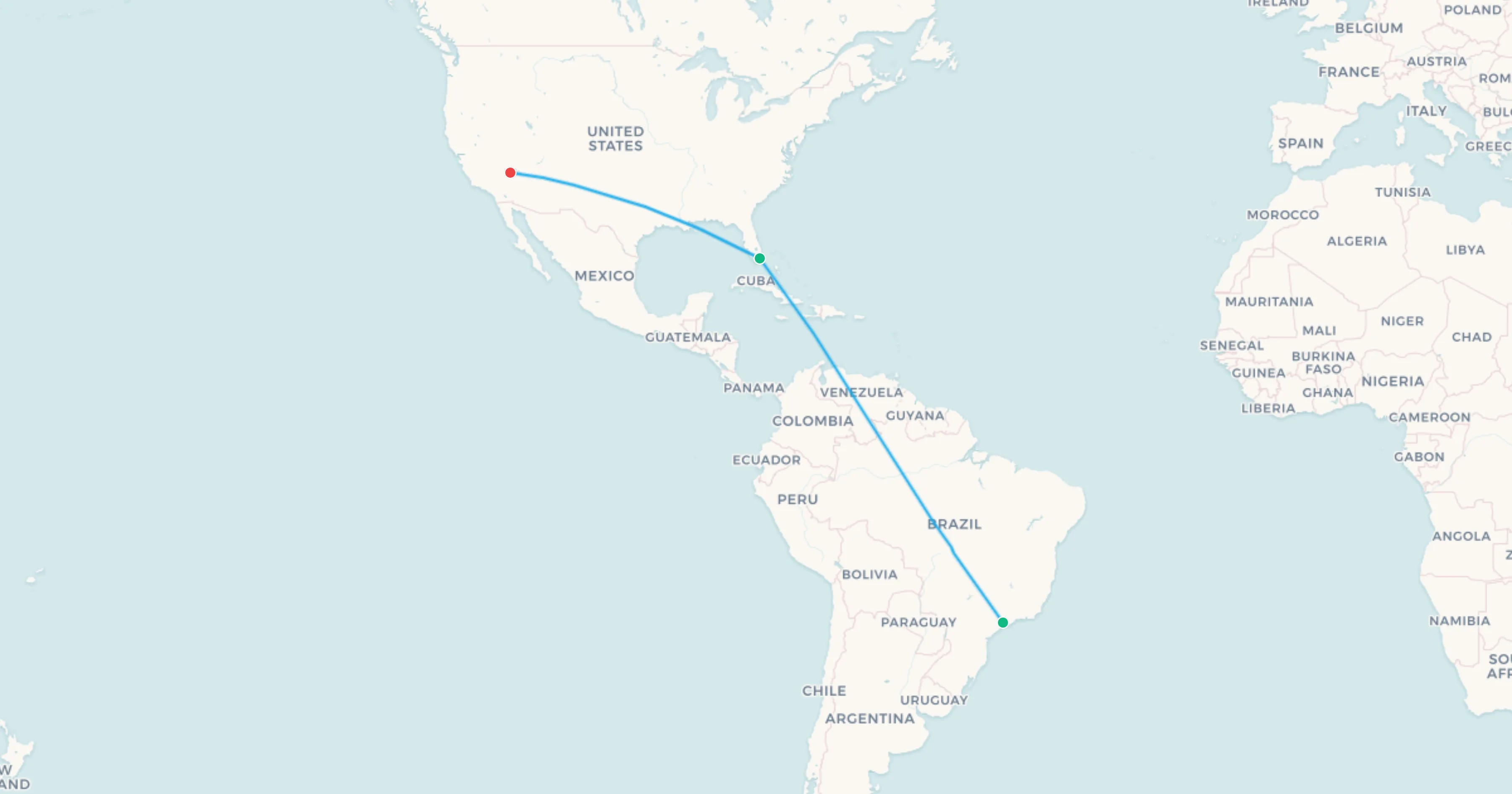 Mapa del tramo São Paulo a Las Vegas