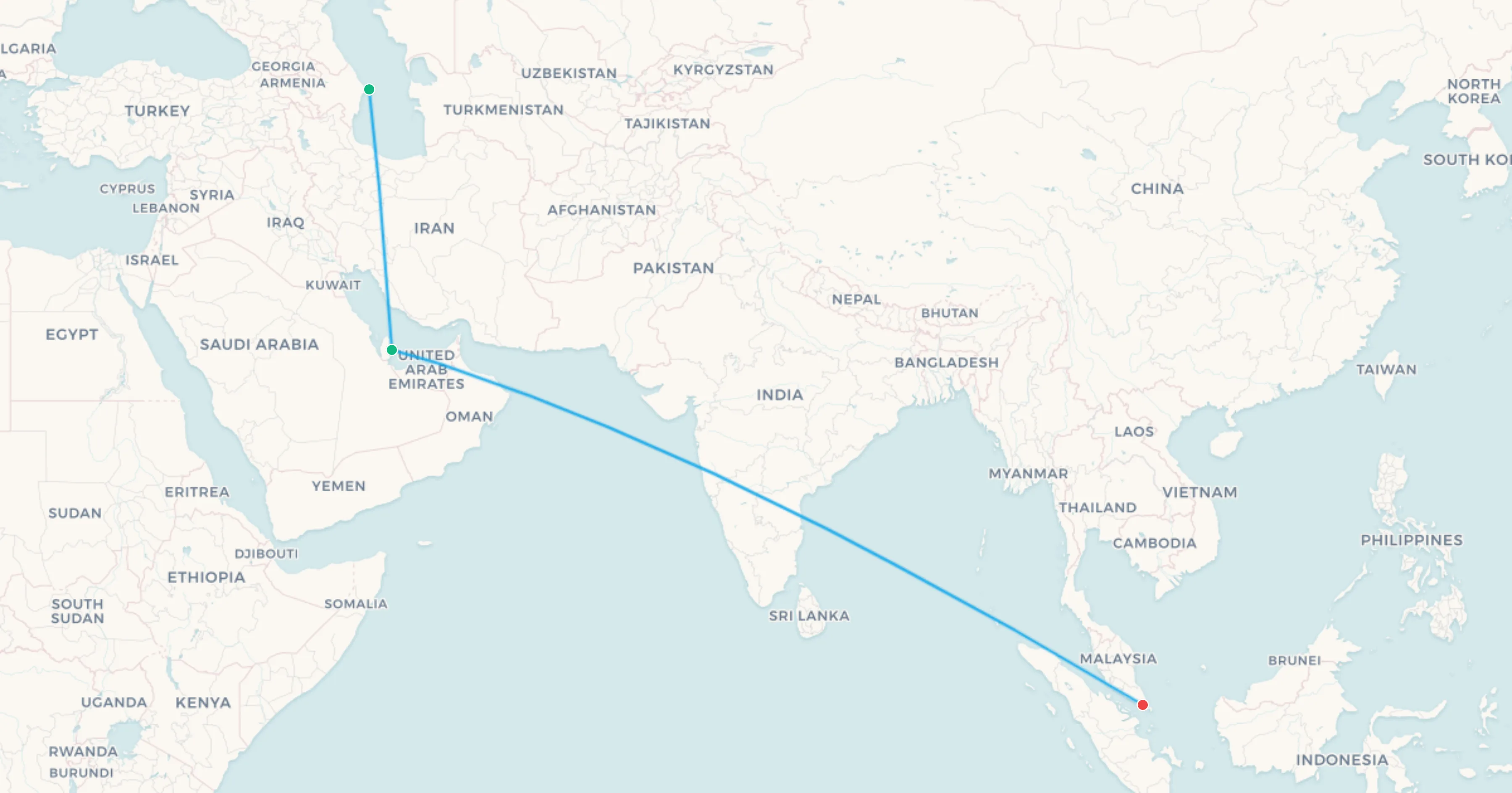 Mapa del tramo Bakú a Singapur