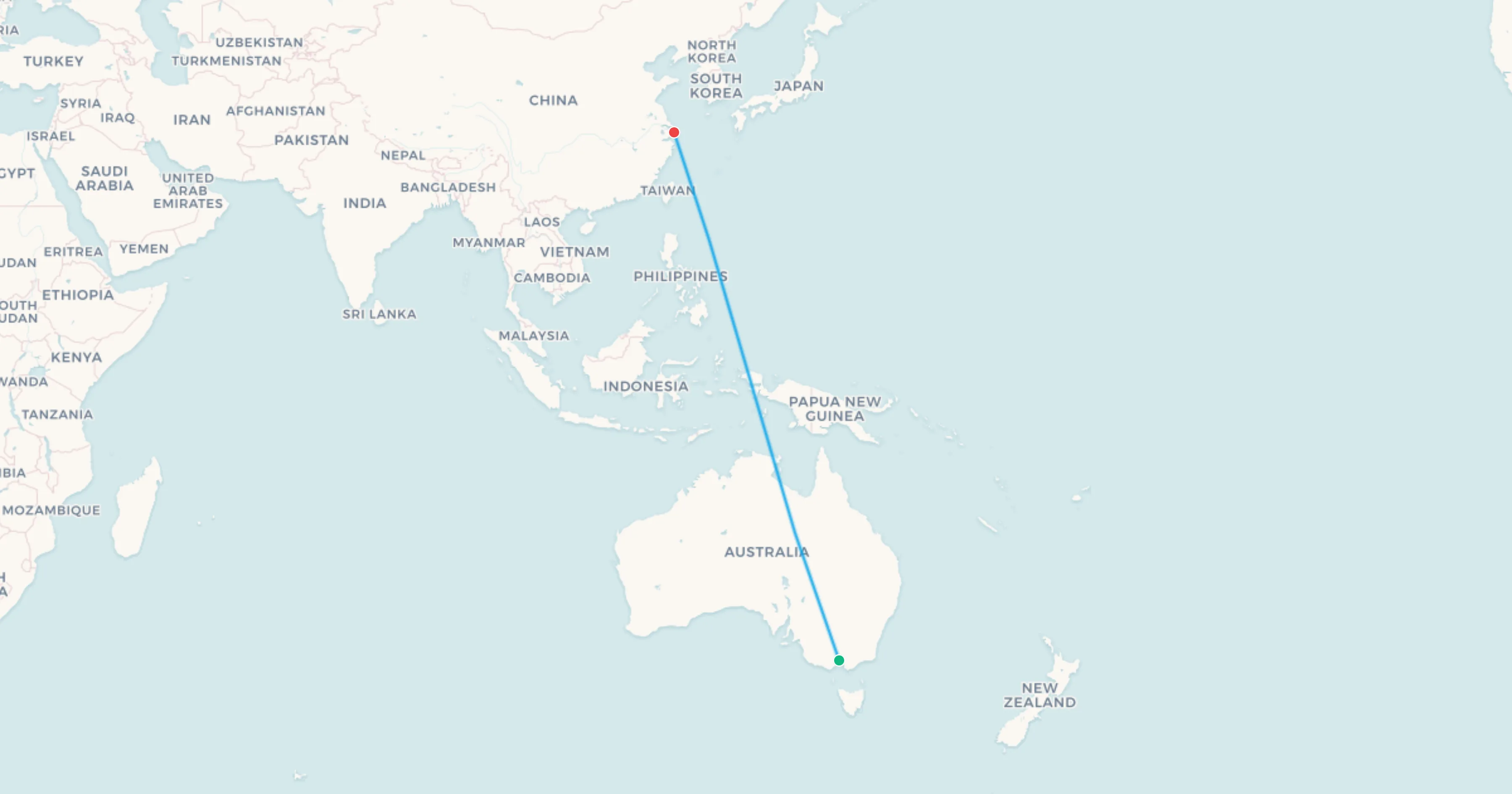 Mapa del tramo Melbourne a Shanghai