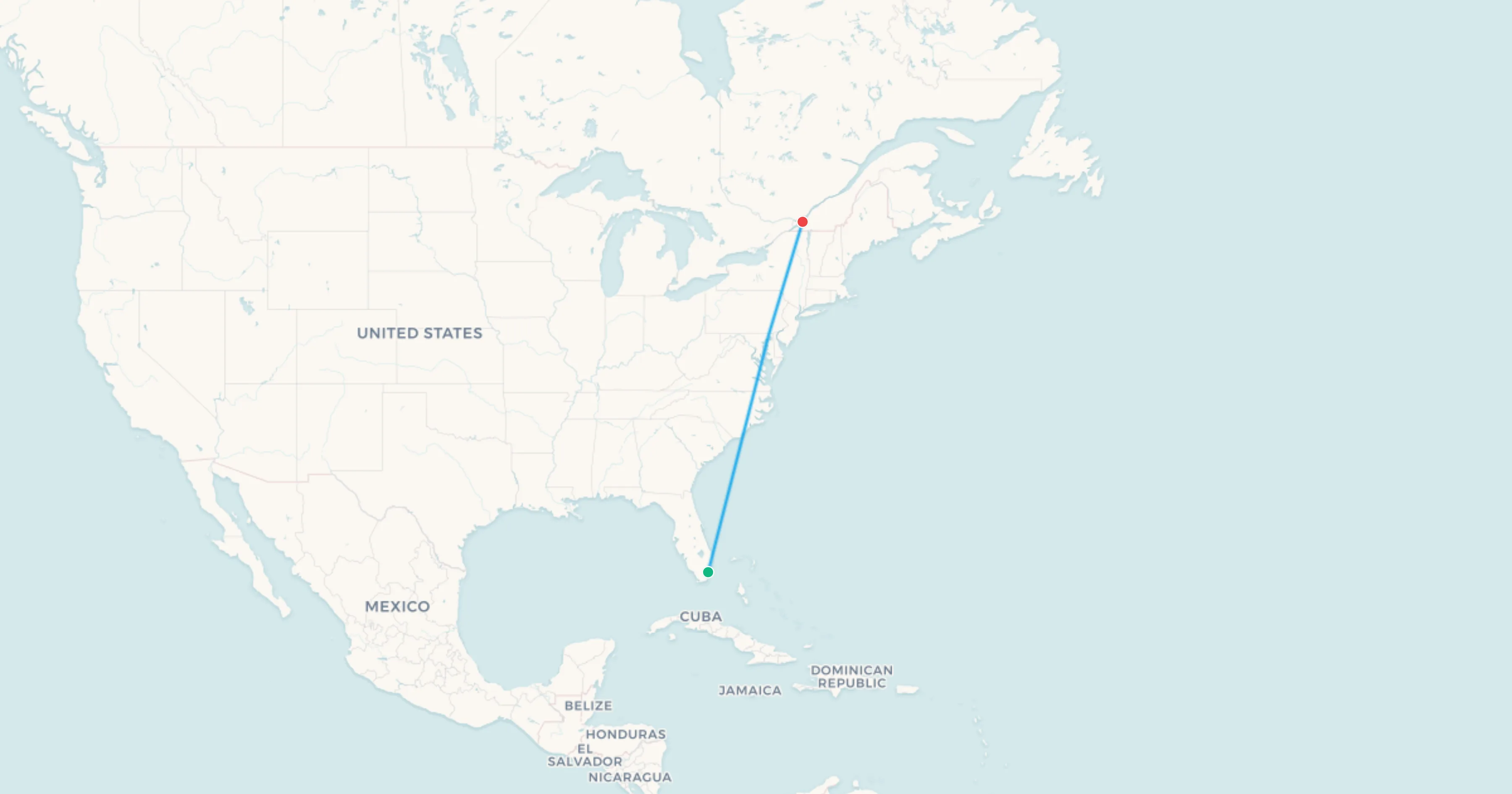 Mapa del tramo Miami a Montreal