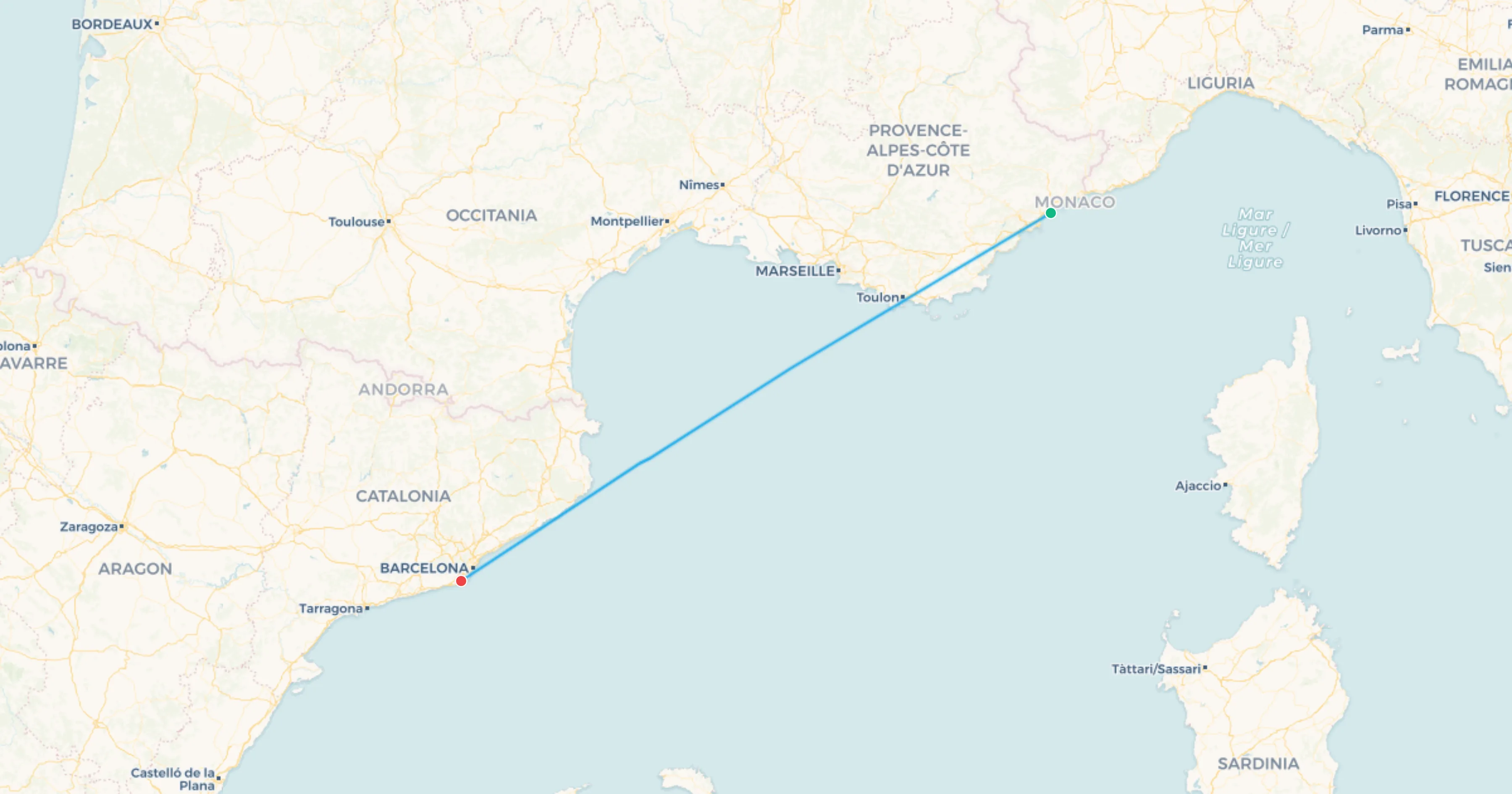 Mapa del tramo Mónaco a Barcelona
