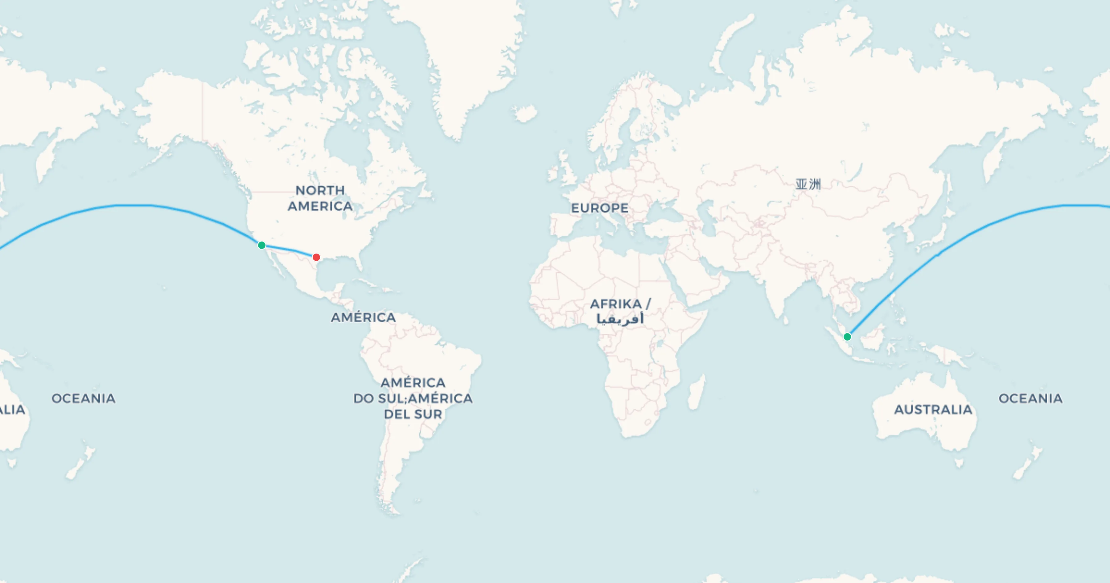 Mapa del tramo Singapur a Austin