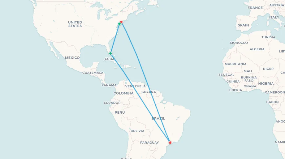 Brazil fan travel itinerary map, São Paulo to New York to Philadelphia to Miami