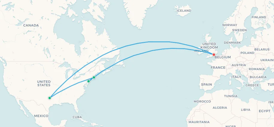 England fan travel itinerary map, London to Dallas to Boston to New York