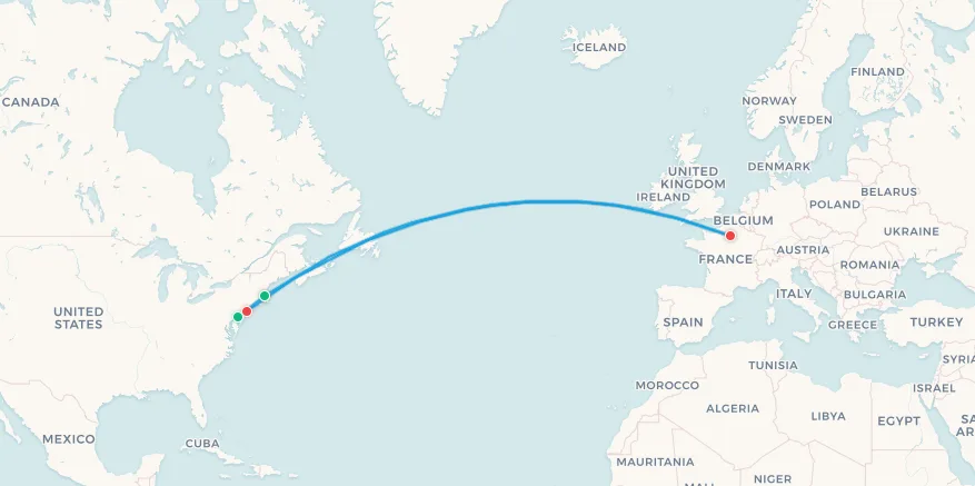 France fan travel itinerary map, Paris to New York to Philadelphia to Boston