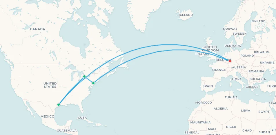 Germany fan travel itinerary map, Frankfurt to Houston to Toronto to New York