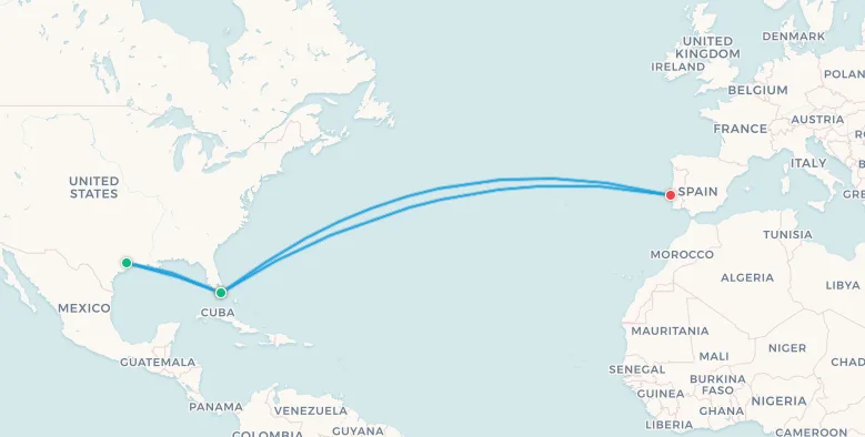Portugal fan travel itinerary map, Lisbon to Houston to Miami