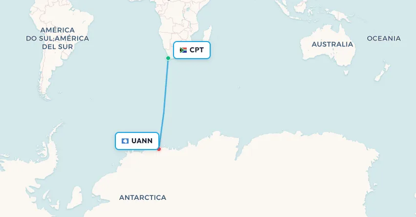 Cape Town to Novolazarevskaya Antarctica flight route map