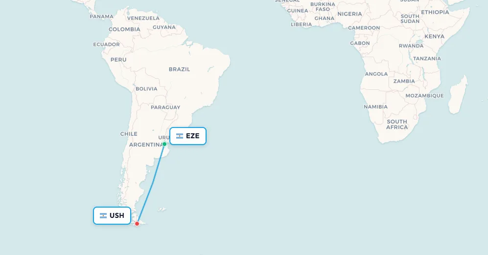 Buenos Aires to Ushuaia flight route map