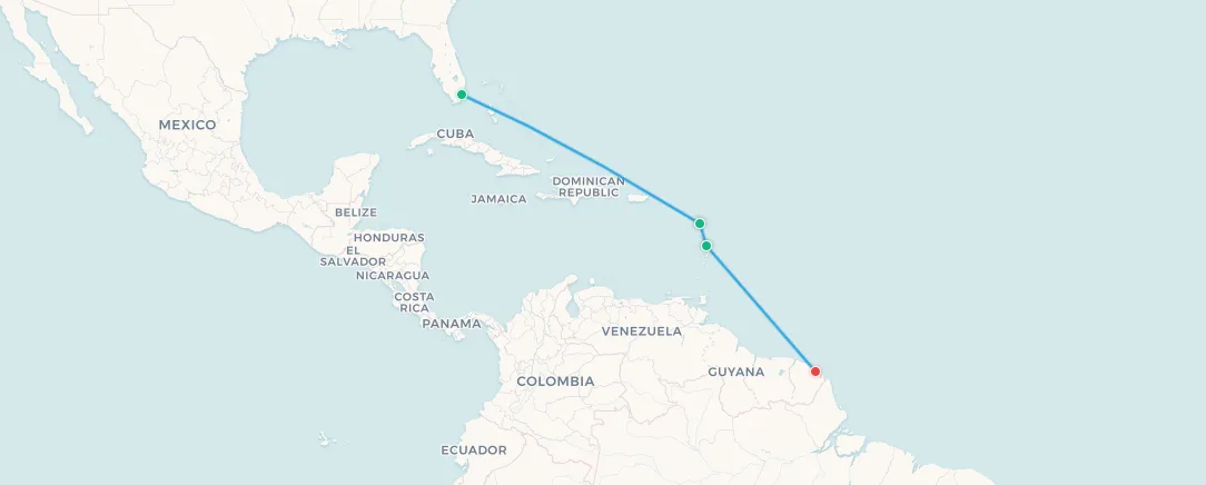 Complete Air France Caribbean Island Hopper route from Miami to Cayenne