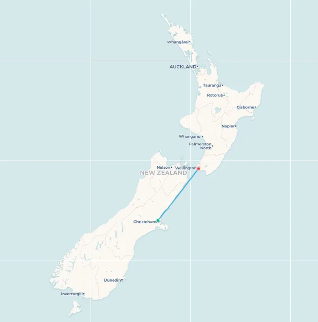 Christchurch to Wellington flight route map