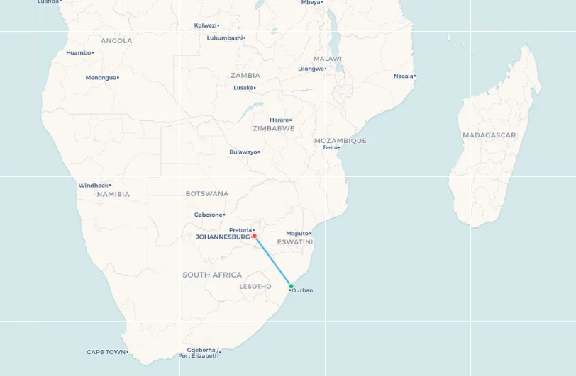 Durban to Johannesburg flight route map