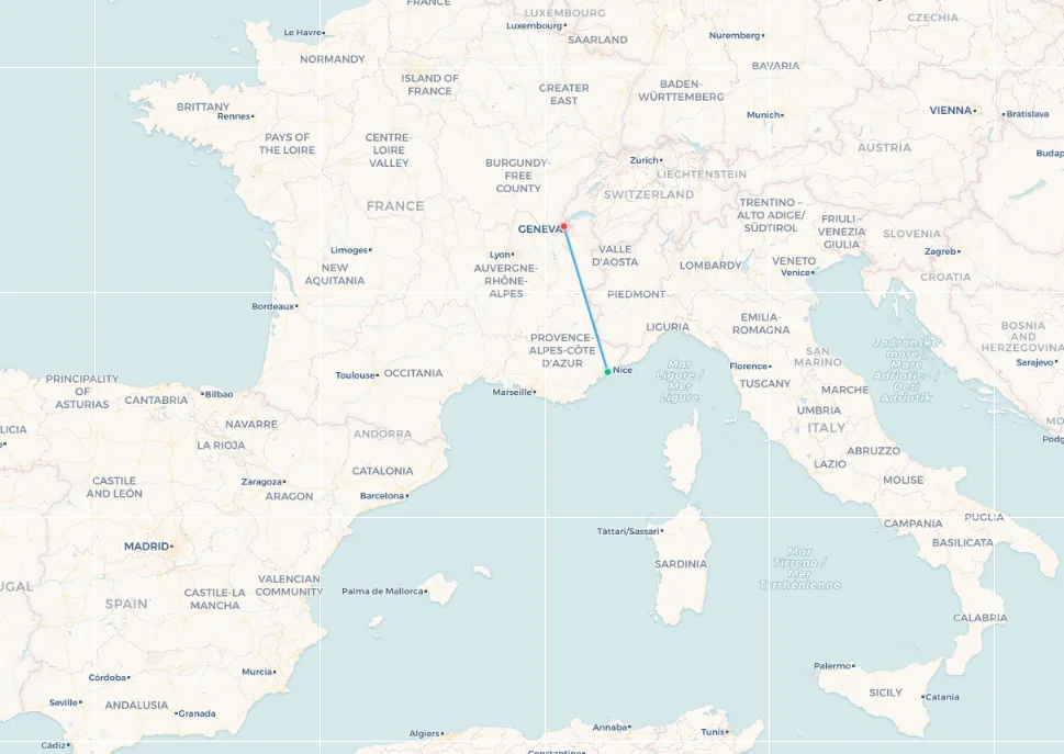 Nice to Geneva flight route map