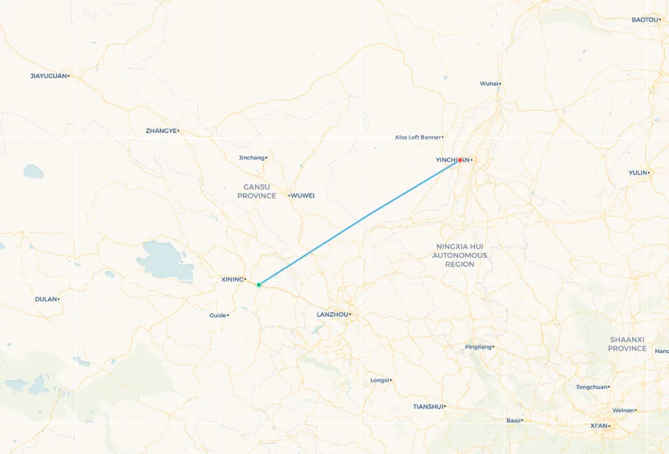 Xining to Yinchuan flight route map