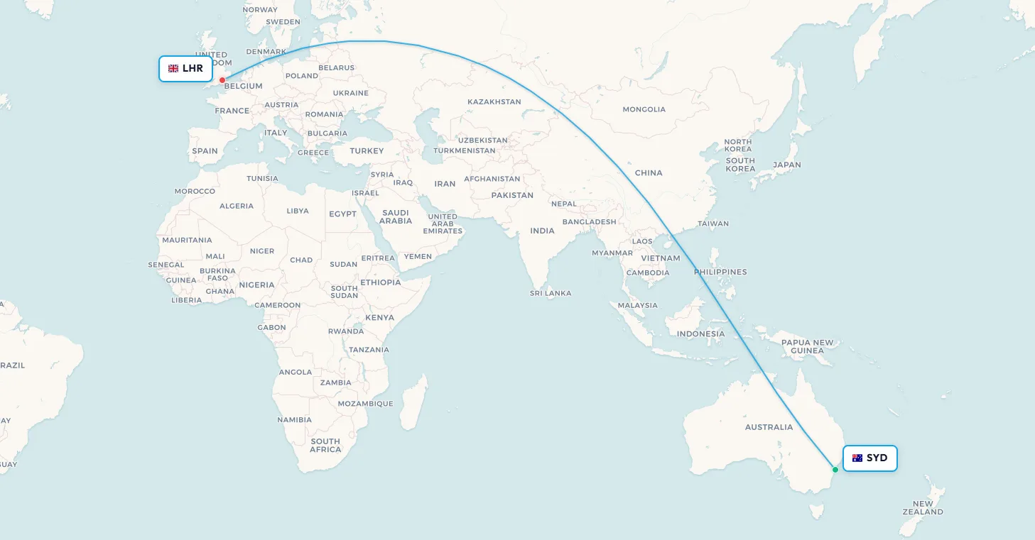 Sydney to London Project Sunrise flight route map
