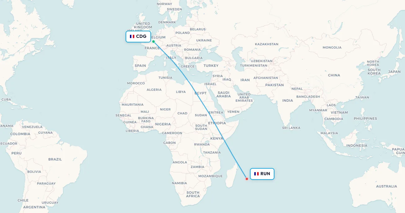 Paris to Reunion domestic route map