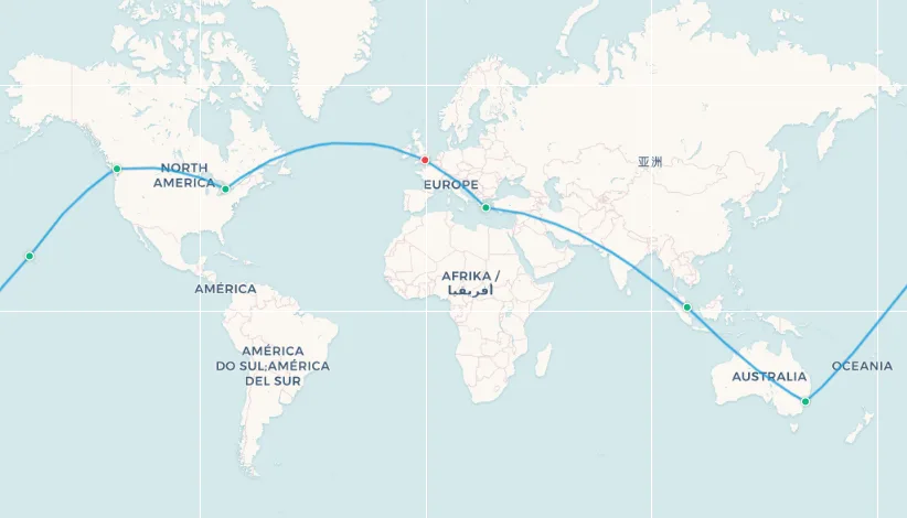 Budget Round-The-World route map: London to Athens to Singapore to Sydney to Honolulu to Vancouver to Toronto back to London