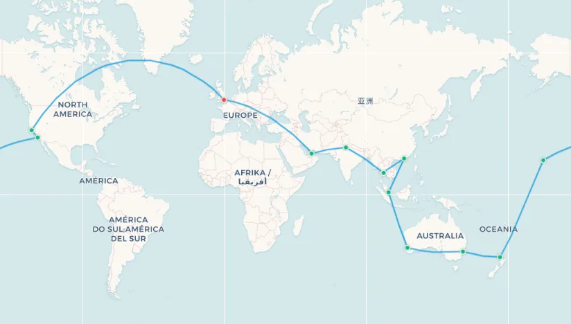 Classic Round-The-World route map: London to Dubai to Delhi to Bangkok to Hong Kong to Singapore to Perth to Sydney to Auckland to Honolulu to Los Angeles to San Francisco back to London