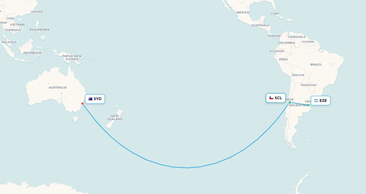 Buenos Aires to Santiago flight route map - gateway connection to Australia