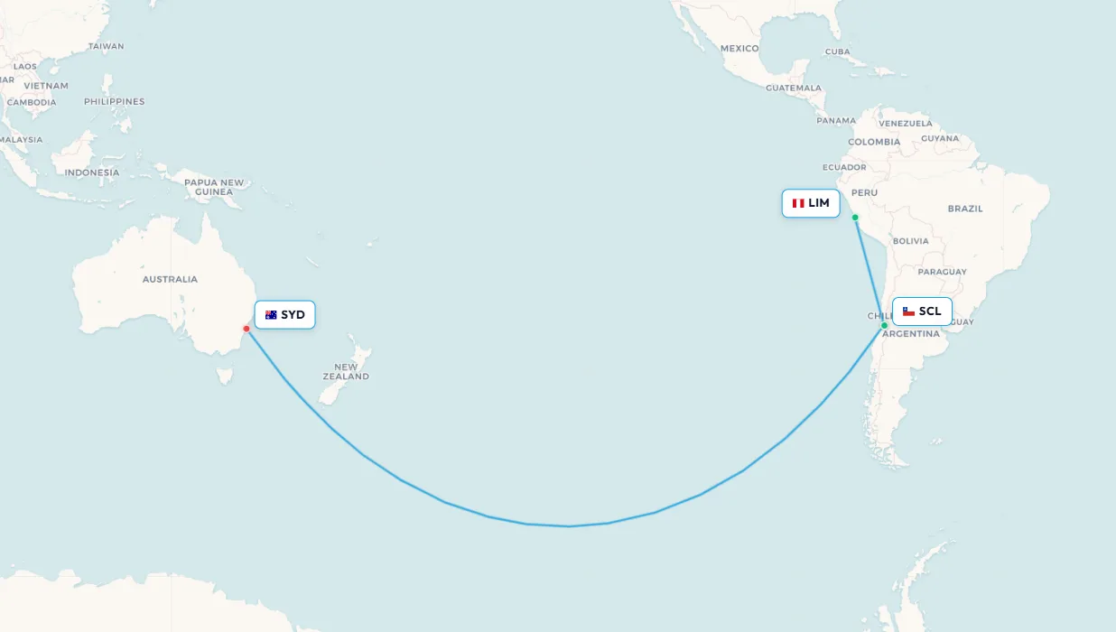 Lima to Santiago flight route map - gateway connection to Australia