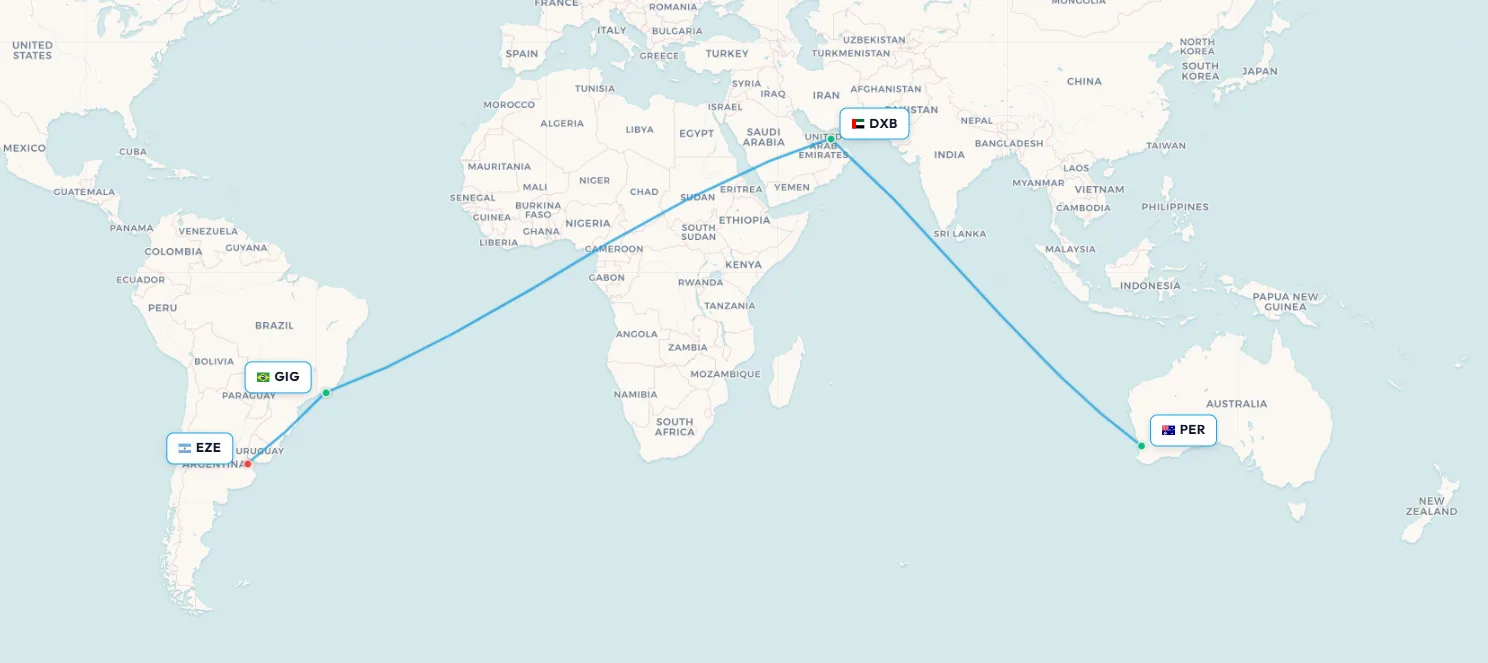 Perth to Dubai flight route map - Emirates gateway to South America