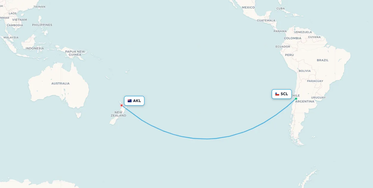 Santiago to Auckland flight route map - gateway to Australia via New Zealand