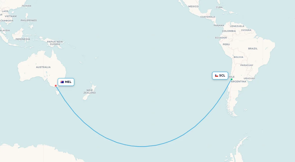 Santiago to Melbourne flight route map passing south of the Antarctic Circle
