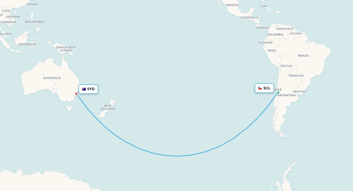 Santiago to Sydney nonstop flight route map across the South Pacific