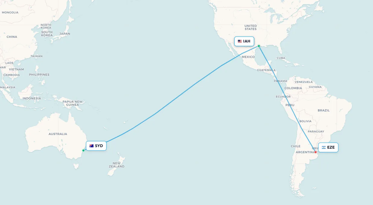 Sydney to Houston flight route map - United Airlines connection to Buenos Aires