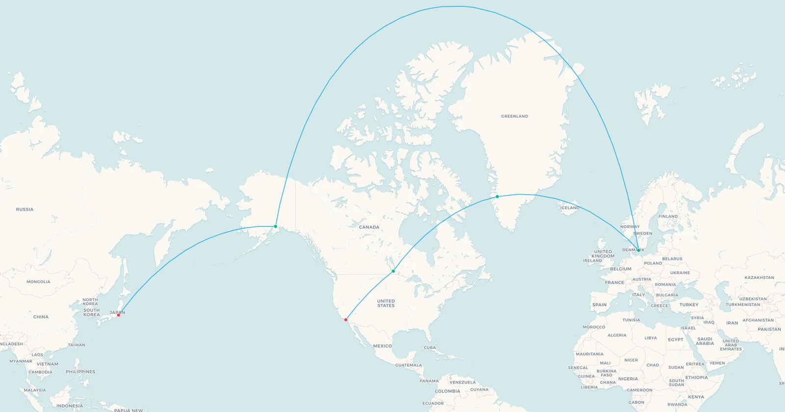 Map of SAS's first polar routes: Copenhagen to Los Angeles via Greenland and Winnipeg in 1954, and Copenhagen to Tokyo via Anchorage in 1957