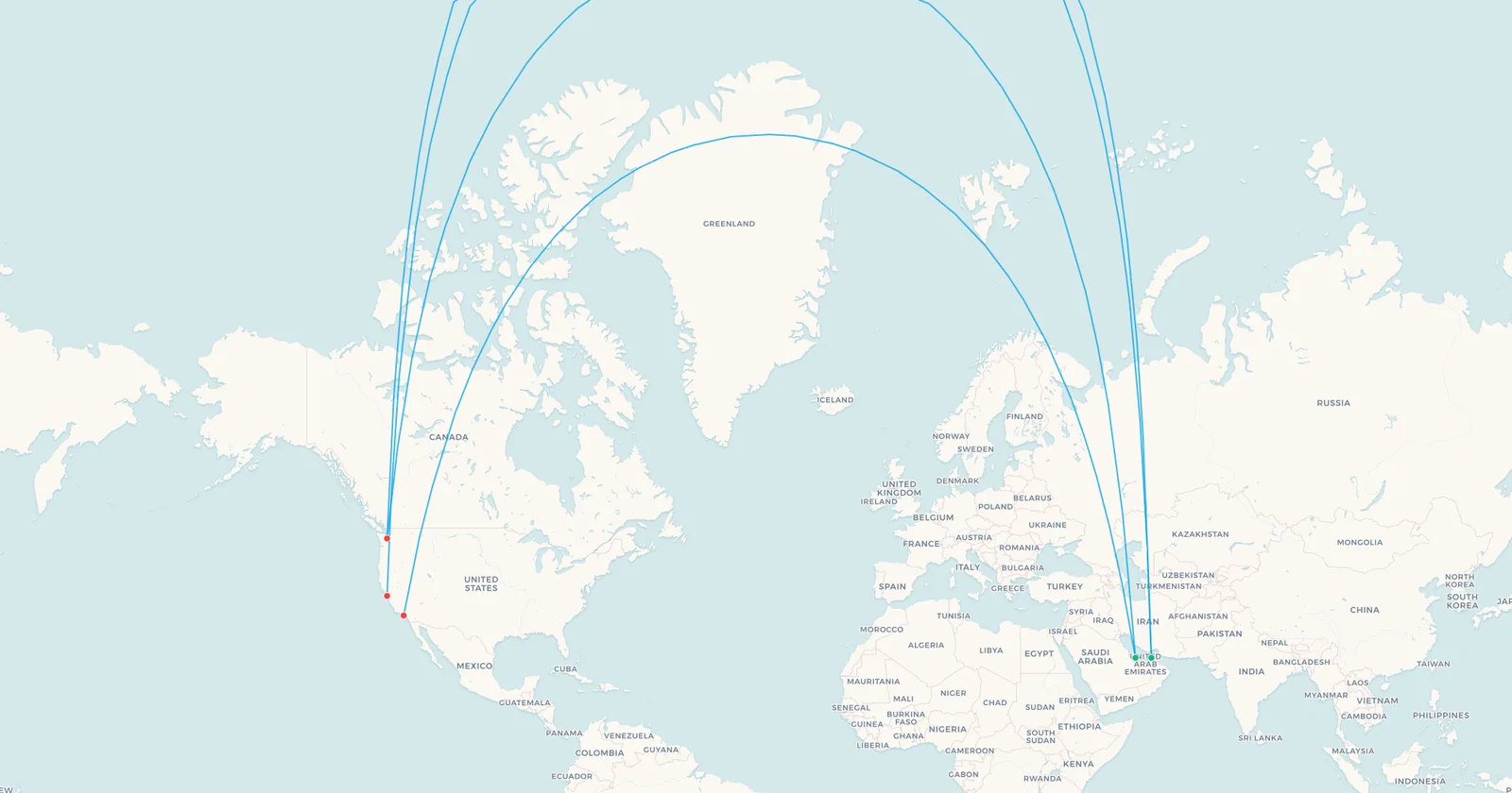 Map of the transpolar routes from Dubai and Doha to Seattle, San Francisco and Los Angeles, running off the top of the map over the North Pole