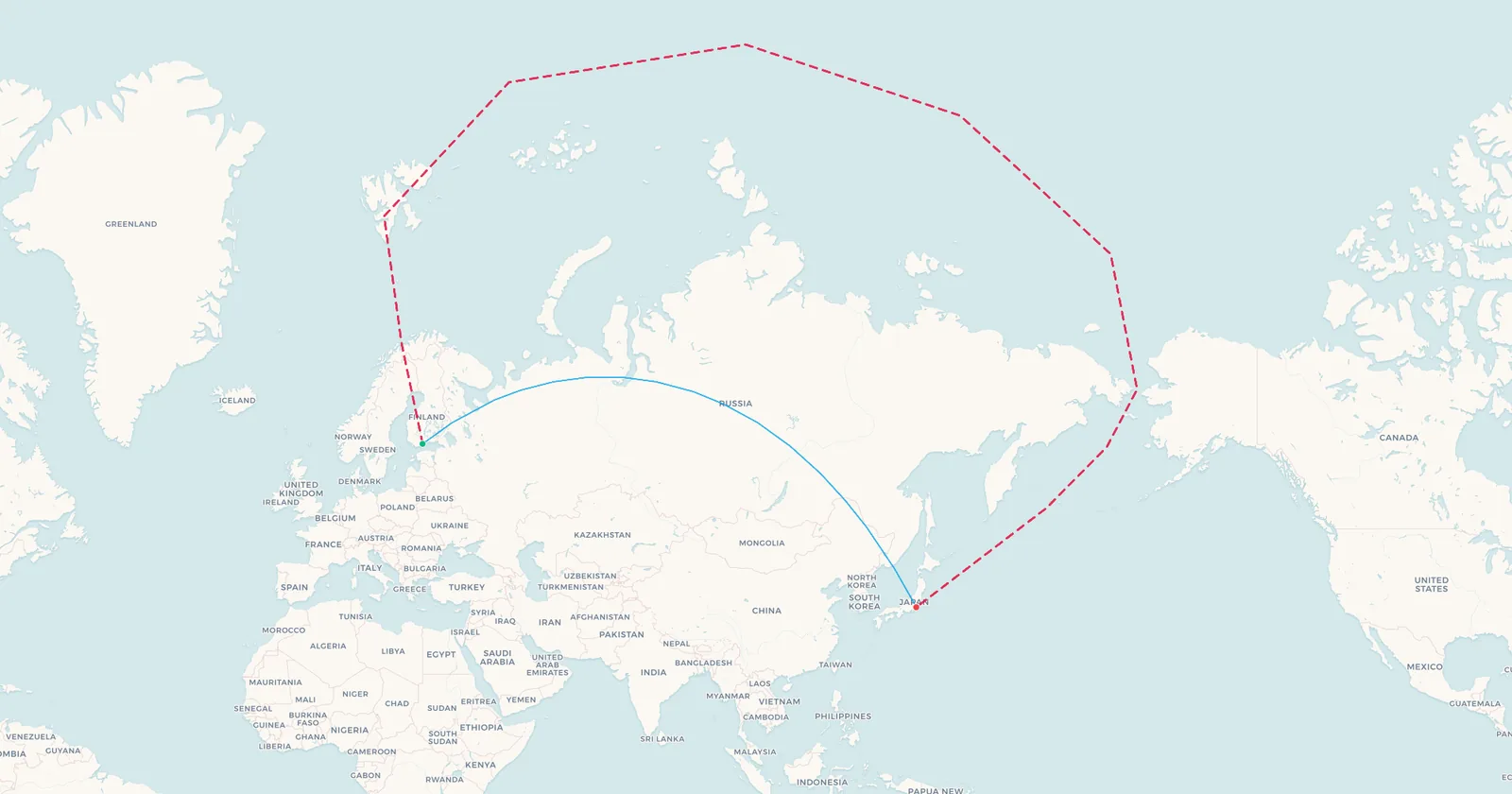 Map of Helsinki to Tokyo: the straight line across Russia, and the dashed polar detour over Svalbard, the Arctic Ocean and the Bering Sea