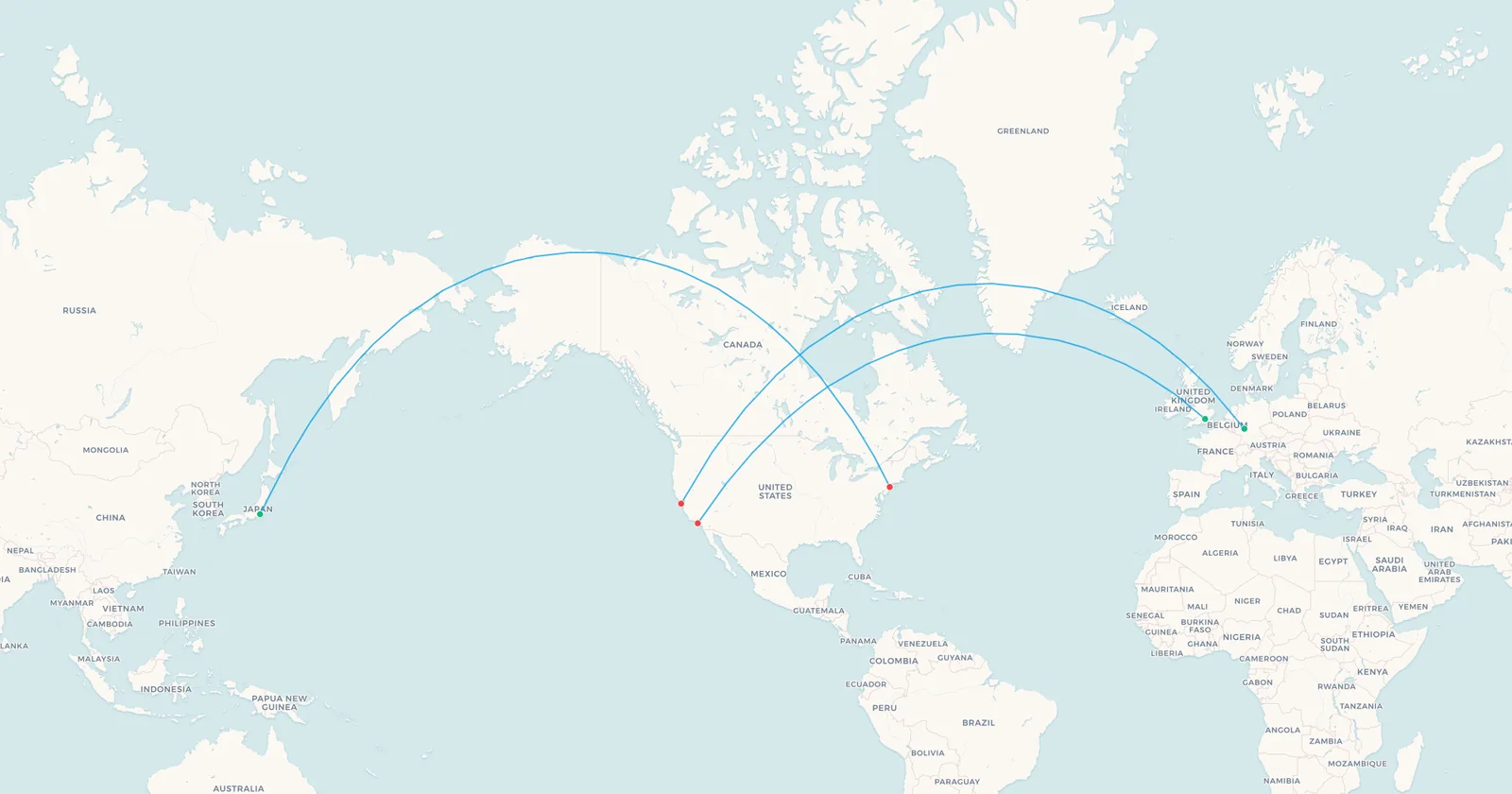 Map of high-latitude routes that are often called polar: London to Los Angeles, Frankfurt to San Francisco and Tokyo to New York