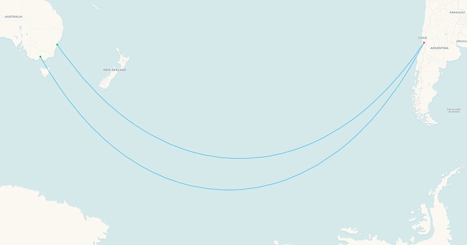 Map of the southern transpolar routes from Melbourne and Sydney to Santiago, curving south towards Antarctica