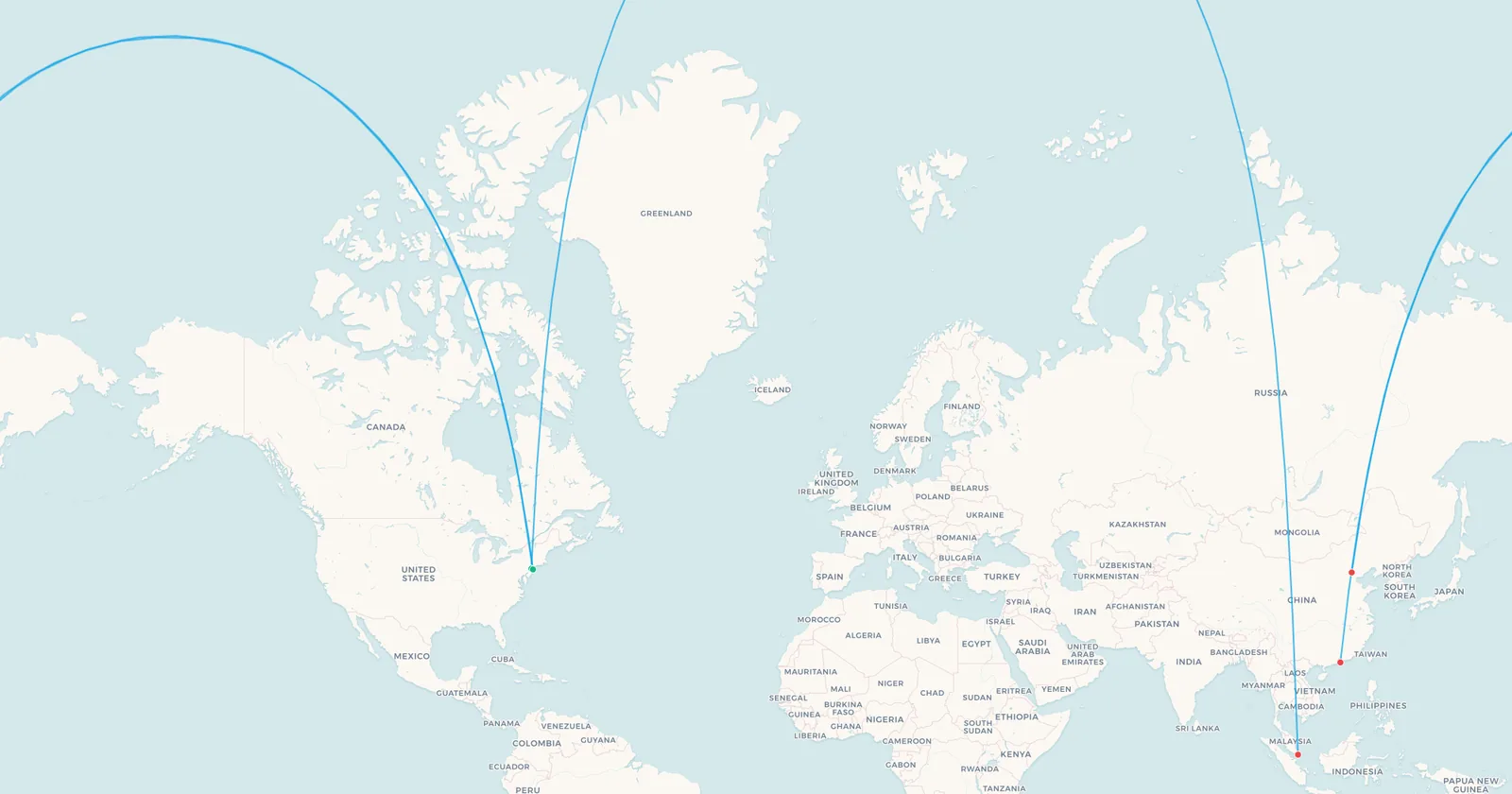 Map of transpolar routes from Newark and New York to Singapore, Hong Kong and Beijing across the Arctic