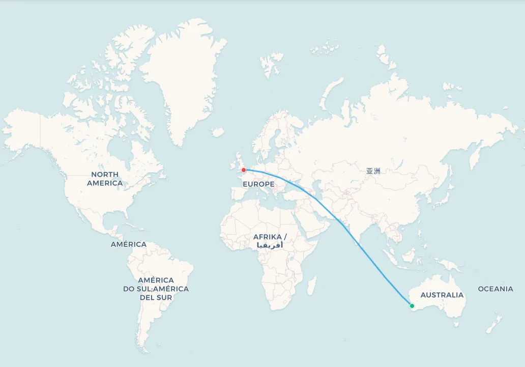 Perth to London flight route map