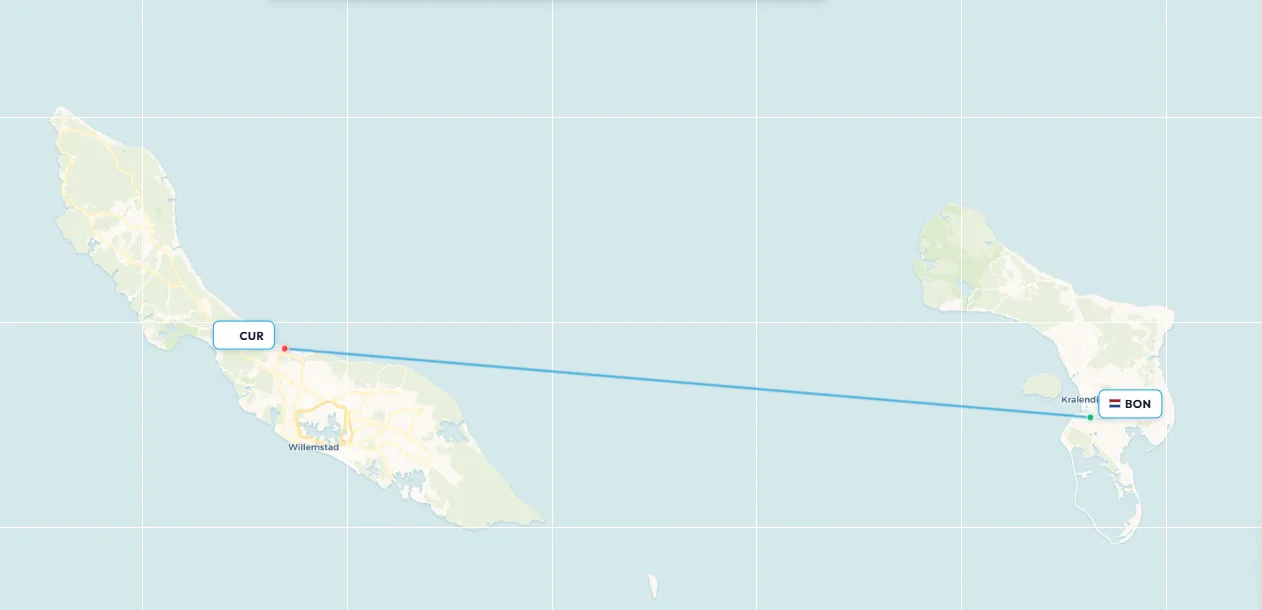 Bonaire to Curaçao flight route map