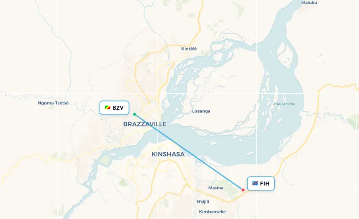 Brazzaville to Kinshasa flight route map