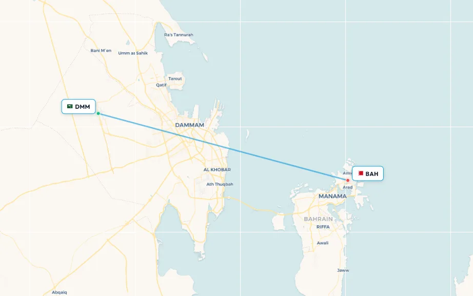 Dammam to Bahrain flight route map