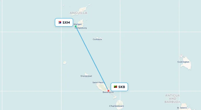 St Maarten to St Kitts flight route map