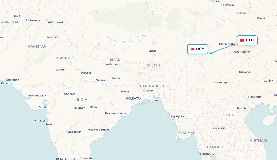 Daocheng Yading to Chengdu flight route map