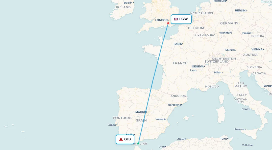 Gibraltar to London Gatwick flight route map