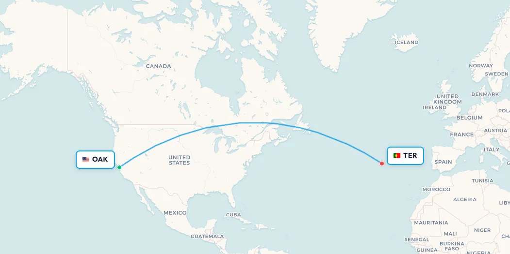 Oakland to Terceira Azores flight route map