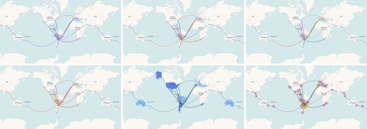 The same flights shown in six map modes side by side: coloured by year, by time of day, by airline, by distance, with visited countries shaded, and with a glow on every airport The same flights shown in six map modes side by side: coloured by year, by time of day, by airline, by distance, with visited countries shaded, and with a glow on every airport