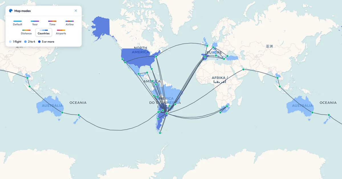 A flight map in countries mode: the visited countries shaded in three blues by how many flights reached them, with the routes drawn in grey on top and the map modes panel open in the corner A flight map in countries mode: the visited countries shaded in three blues by how many flights reached them, with the routes drawn in grey on top and the map modes panel open in the corner